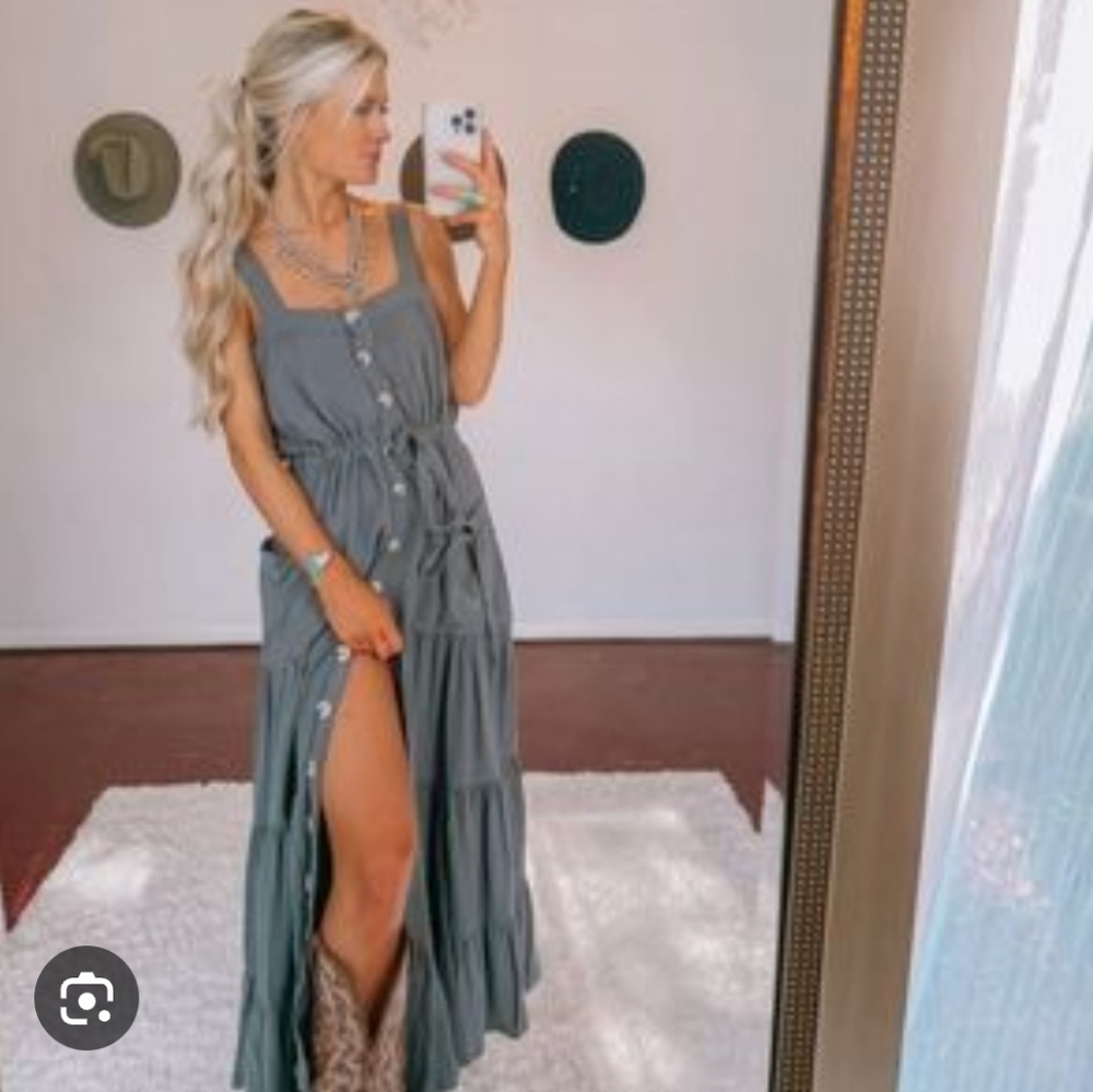 Malibu Bum Slate Blue Button-Down Midi to Maxi Dress Size Small - Picture 3 of 9
